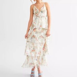 Franco floral jacquard chiffon tiered midi size‎ large cream  NWOT dress